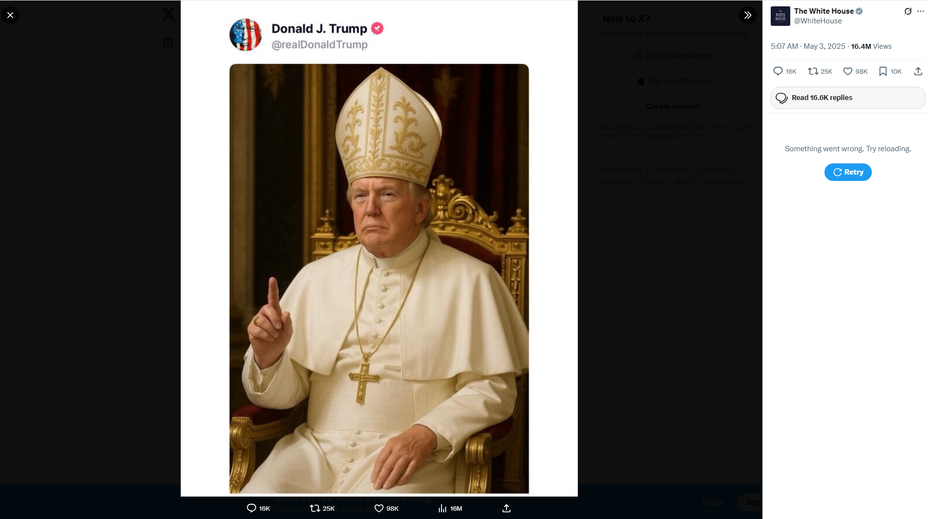 Trump ako papez AI X Biely dom